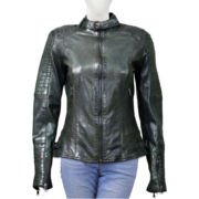 Green Casual Zippers Leather Jacket with Quilted Sleeves For Women