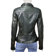 Green Casual Zippers Leather Jacket with Quilted Sleeves For Women - Image 2