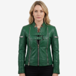 Green Sheep Skin Rib Quilted Genuine Leather Jacket