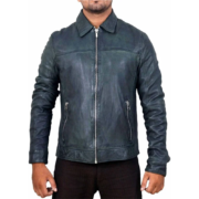 Greenish Blue Wax Leather Jacket With Zipper Pockets For Men