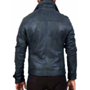 Greenish Blue Wax Leather Jacket With Zipper Pockets For Men - Image 2