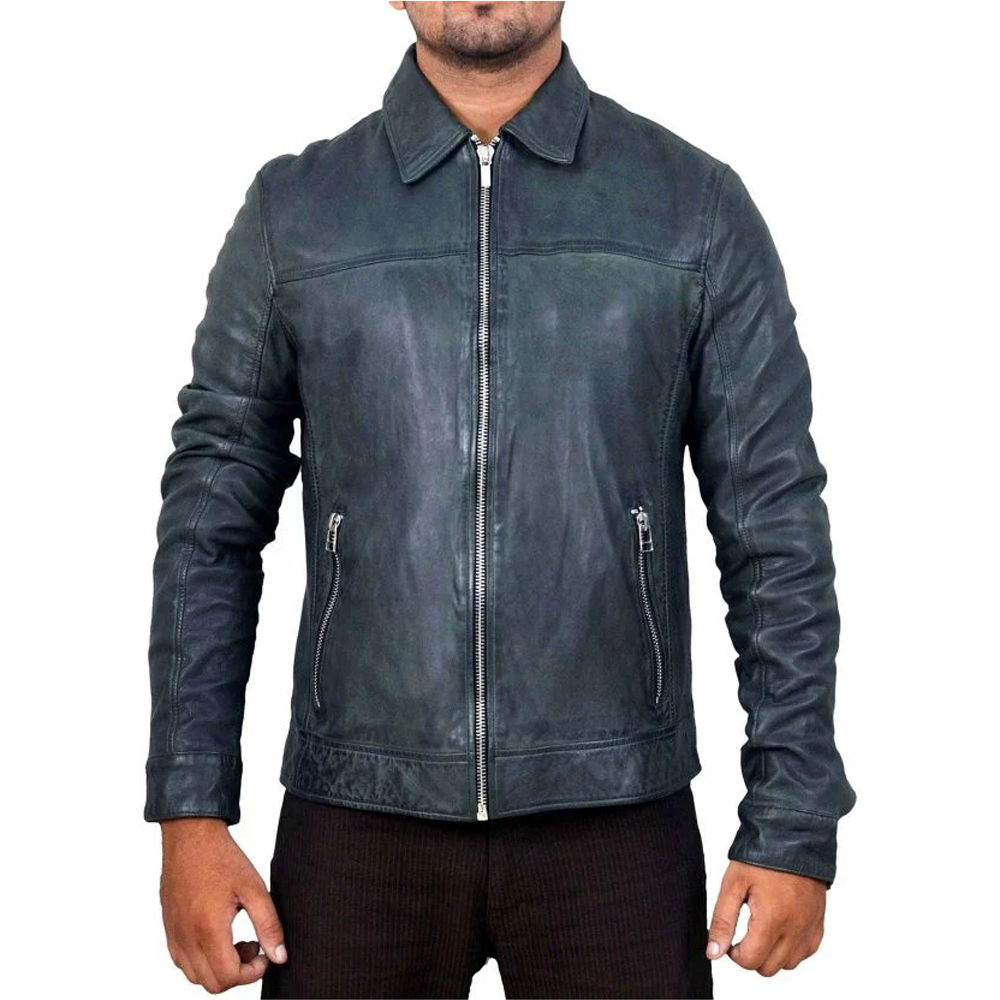 Greenish Blue Wax Leather Jacket With Zipper Pockets For Men Greenish Blue Wax Leather Jacket With Zipper Pockets For Men - Image 1