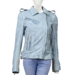 Ice Blue Leather Jacket With Belt For Women