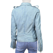 Ice Blue Leather Jacket With Belt For Women - Image 2