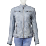 Ice Blue Zippers Leather Jacket For Women