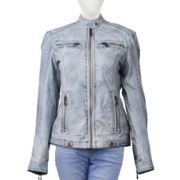 Ice Blue Zippers Leather Jacket For Women