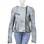 Ice White Quilted Shoulder Leather Jacket For Women