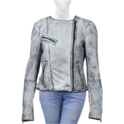 Ice White Quilted Shoulder Leather Jacket For Women