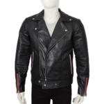 Long Flap Collar Real Leather Black Biker Jacket For Men