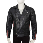 Long Flap Collar Real Leather Black Biker Jacket For Men