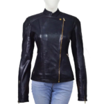 Long Sleeves Simple Black Real Leather Biker Jacket For Women