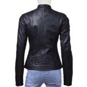 Long Sleeves Simple Black Real Leather Biker Jacket For Women - Image 2