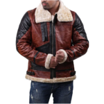 Maroon And Black Distressed Leather Jacket With Shearling For Men