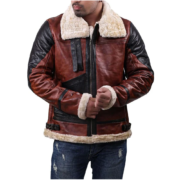 Maroon And Black Distressed Leather Jacket With Shearling For Men