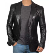 Mens Black Leather Blazer Jacket – Stylish Two Button Notch Lapel Blazer