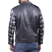 Men’s Black Leather Jacket With Floral Print - Image 2