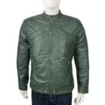 Men’s Green Leather Jacket With Round Neck Collar