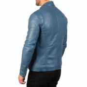 Men’s Ionic Blue Leather Biker Jacket - Image 2