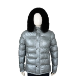 Metallic Gray Puffer Leather Jacket With Real Fox Fur Hood