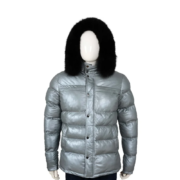 Metallic Gray Puffer Leather Jacket With Real Fox Fur Hood