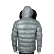 Metallic Gray Puffer Leather Jacket With Real Fox Fur Hood - Image 2