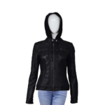 Motorcycle Style Black Leather Jacket With Hoodie For Women