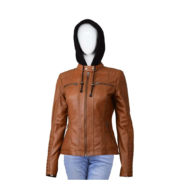 Motorcycle Style Brown Leather Jacket With Hoodie For Women