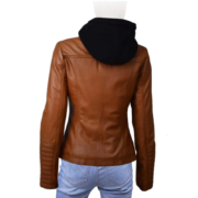 Motorcycle Style Brown Leather Jacket With Hoodie For Women - Image 2