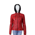 Motorcycle Style Red Leather Jacket With Hoodie For Women