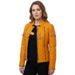 Mustard Yellow Sheep Skin Rib Quilted Genuine Leather Jacket