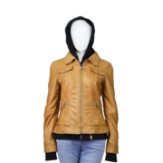 Mustard Zipper Leather Jacket With Inside Hoodie Jacket For Women