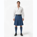 Navy Blue Denim Kilt With Flap Pockets