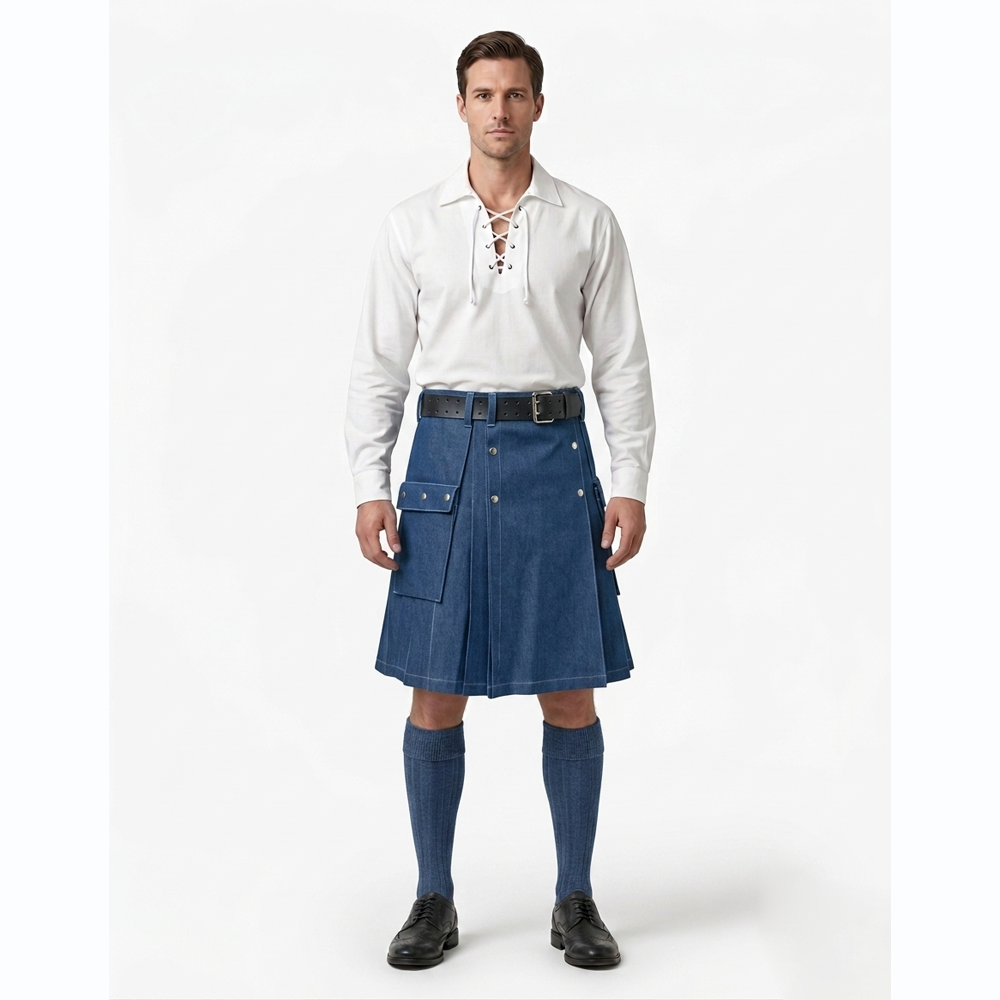 Navy Blue Denim Kilt With Flap Pockets Navy Blue Denim Kilt With Flap Pockets - Image 1