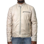 Off White Leather Jacket For Men With Side Zipper Pockets