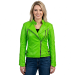 Parrot Green Brando Shoulder Padded Genuine Leather Jacket