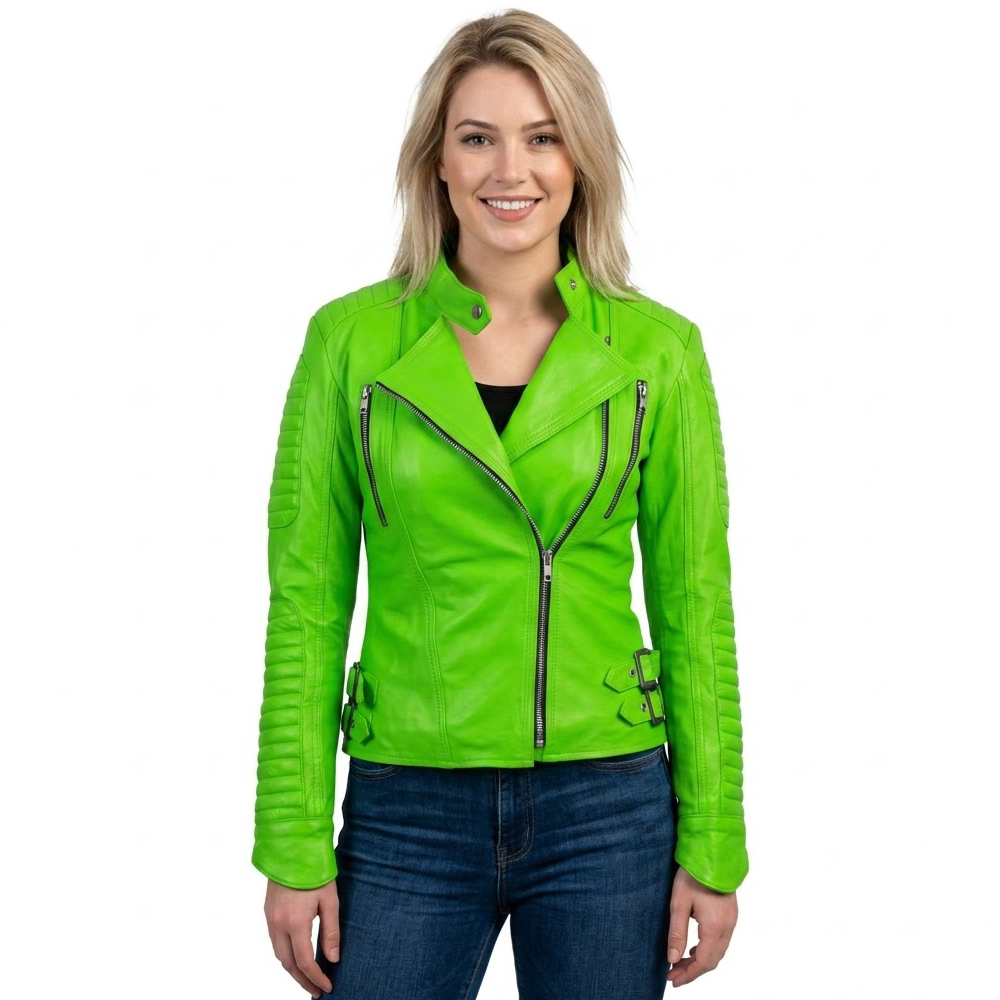 Parrot Green Brando Shoulder Padded Genuine Leather Jacket Parrot Green Brando Shoulder Padded Genuine Leather Jacket - Image 1