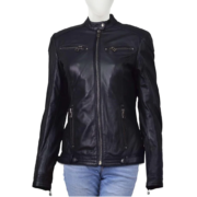 Plain Motorcycle Black Leather Jacket For Women