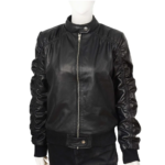 Plated Sleeves Classic Black Leather Jacket For Women