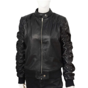 Plated Sleeves Classic Black Leather Jacket For Women