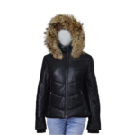 Puffer Style Black Leather Jacket With Fur Hoodie For Women