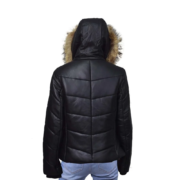 Puffer Style Black Leather Jacket With Fur Hoodie For Women - Image 2