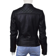 Quilted And Puffer Cuffs Black Leather Jacket For Women - Image 2