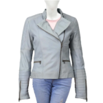 Quilted And Puffer Cuffs Grey Leather Jacket For Women