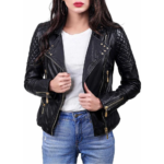 Quilted And Stylish Women Black Biker Leather Jacket