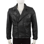 Quilted And Zipper Pockets Black Biker Leather Jacket For Men