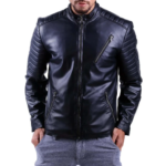 Quilted Shoulder Dark Blue Leather Jacket for Men