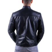 Quilted Shoulder Dark Blue Leather Jacket for Men - Image 2