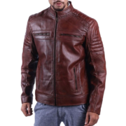 Quilted Shoulder Dark Brown Leather Jacket for Men