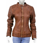 Quilted Shoulder Long Sleeves Brown Leather Jacket For Women