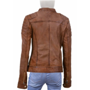 Quilted Shoulder Long Sleeves Brown Leather Jacket For Women - Image 2